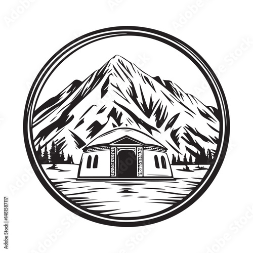 Yurt Kazakh vector. Black and white Kazakh yurt with mountains Vector.