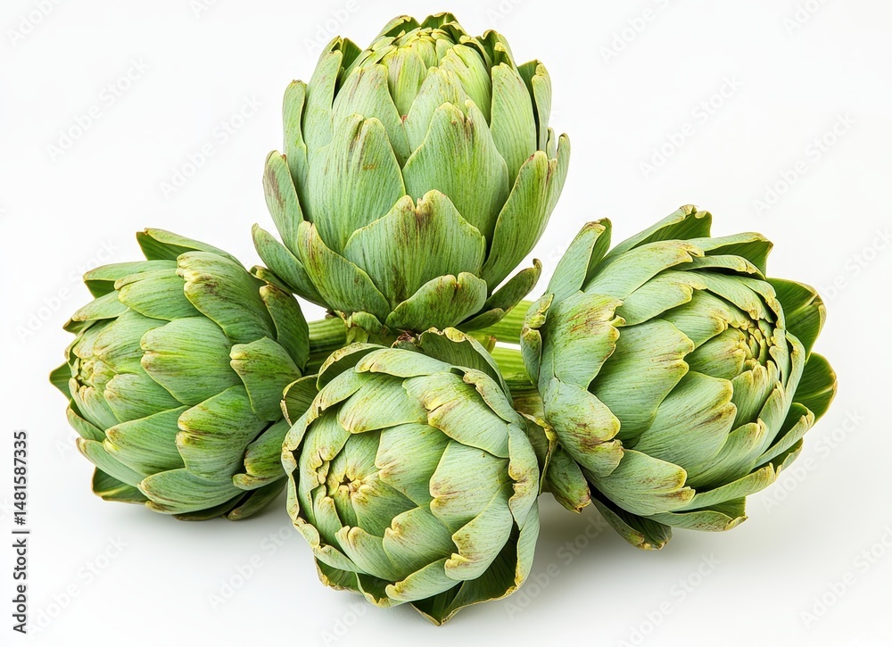 Beautifully displayed green artichokes create an elegant centerpiece on a pristine white backdrop Beautifully displayed green artichokes create an elegant centerpiece on a pristine white backdrop