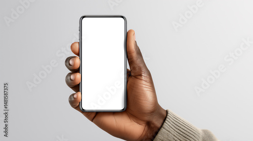 Smartphone in hand mockup, realistic hand pose, white background