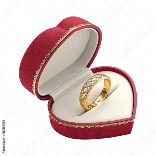 beautiful shiny gold wedding ring with red box in love style isolated on transparent background