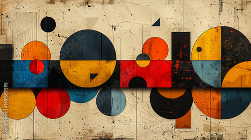 Abstract geometric shapes composition on vintage paper background.