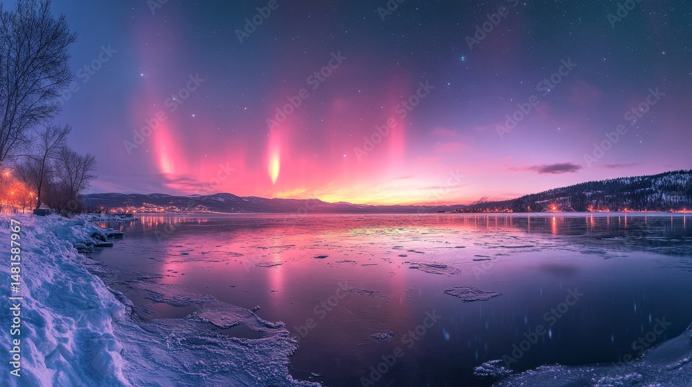 custom made wallpaper toronto digitalAurora glowing vividly above a frozen bay reflecting its vibrant hues across the icy surface, Generative AI