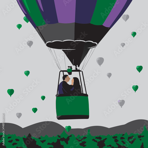 Romantic hot air balloon ride with floating hearts drifting in the sky, perfect for love and celebration themes.