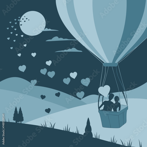 Romantic hot air balloon ride with floating hearts drifting in the sky, perfect for love and celebration themes.