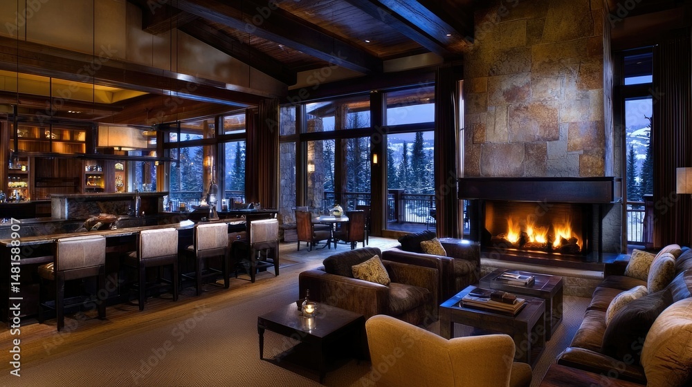 Fototapeta premium A luxurious cozy living room with a fireplace and bar