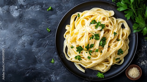 top view Plate of creamy pasta carbonara with parsley.