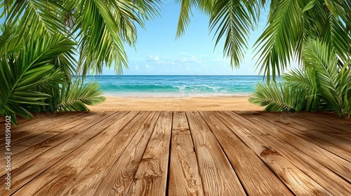 Tropical Beach View from Wooden Deck  Lush Palm Trees Frame Sunny Ocean Scene