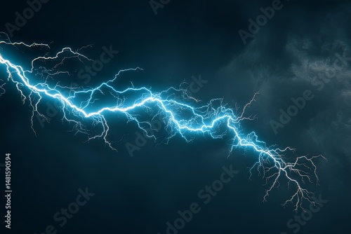 Abstract electric blue lightning bolt on a dark background, dramatic power surge glowing, dynamic energy illumination in electric storm concept