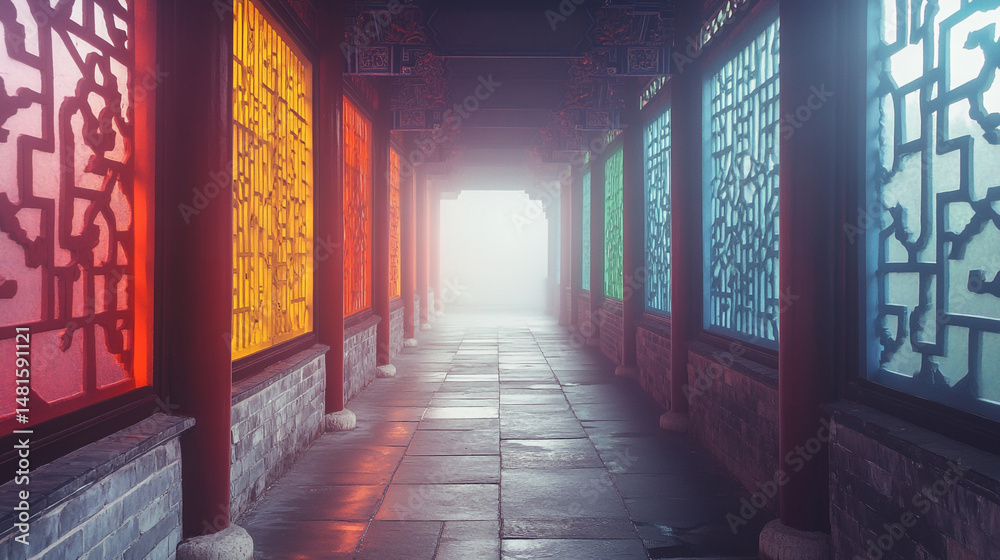 Fototapeta premium A mysterious foggy street illuminated by a soft light, narrow alleyway lined with traditional East Asian architecture, A gentle mist adds a mystical ambiance, enhancing the atmosphere of the scene.
