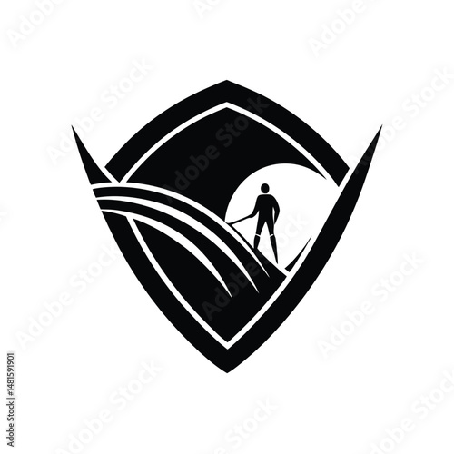 Black and white illustration of a stand up paddle boarder navigating waves inside a shield shaped emblem