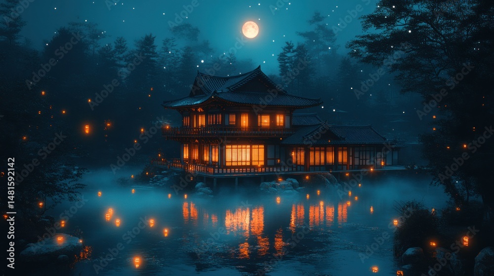 Obraz premium Mystical Asian Pavilion at Night