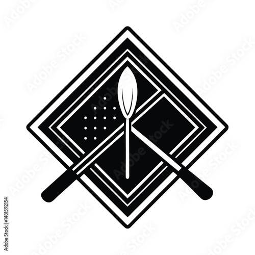Elegant black and white illustration of kitchen utensils spoon and chopsticks within a geometric rhombus