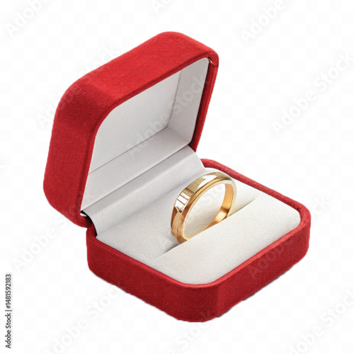 beautiful shiny gold wedding ring with red box in love style isolated on transparent background