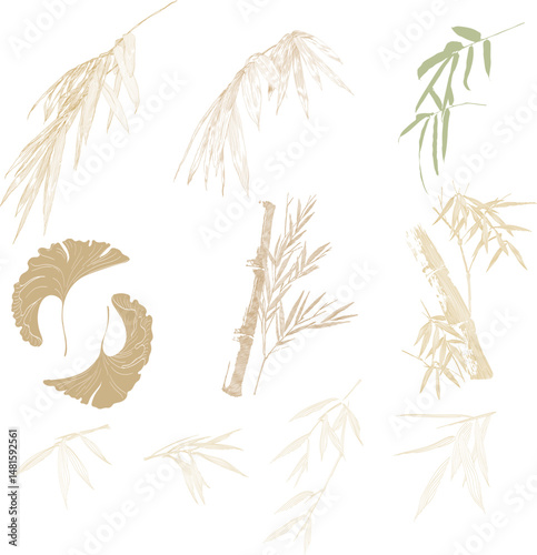 Hand drawn line with Japanese Branch of bamboo leaves pattern in vintage style. Abstract art elements banner design vector.