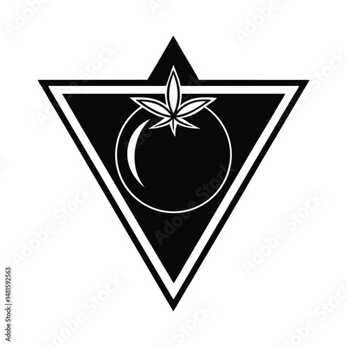 Black and white tomato and cannabis leaf emblem inside a triangle for agriculture or healthy living concepts
