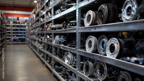 Warehouse with vehicle parts: shelving system of auto components metal racks full of automotive spares for industry or repair auto parts inventory