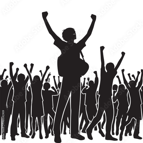 Simple black and white editable vector silhouette of people cheering happily