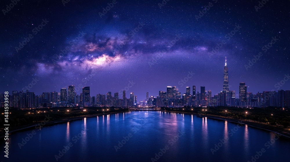 Fototapeta premium Night city skyline reflected in a river, with a vibrant Milky Way