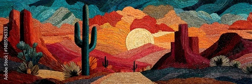 A bold, colorful mosaic of the Arizona desert featuring cacti, mountains, and a warm sunset with Native American geometric patterns.