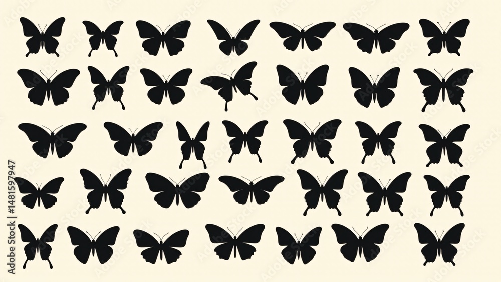 Fototapeta premium Black Silhouette Butterfly Collection On Beige