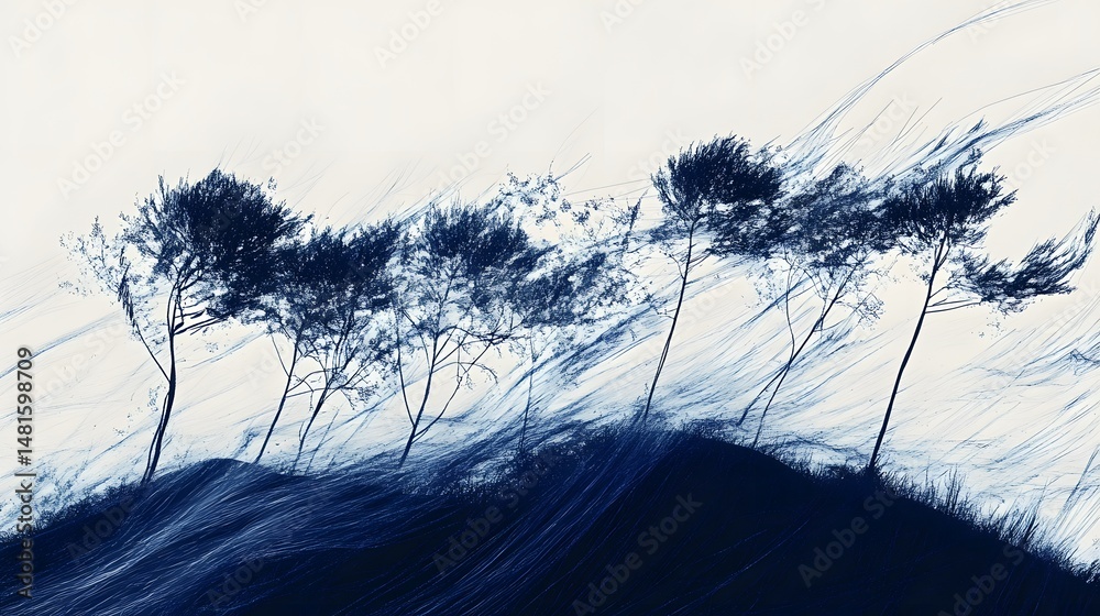 Obraz premium Silhouette trees on a windswept hill in shades of blue.