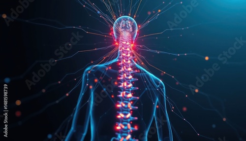Human body with glowing spine and nerve connections, digital artwork