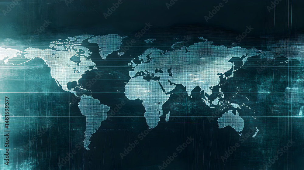 Obraz premium A digital world map with glowing continents against a dark blue background.