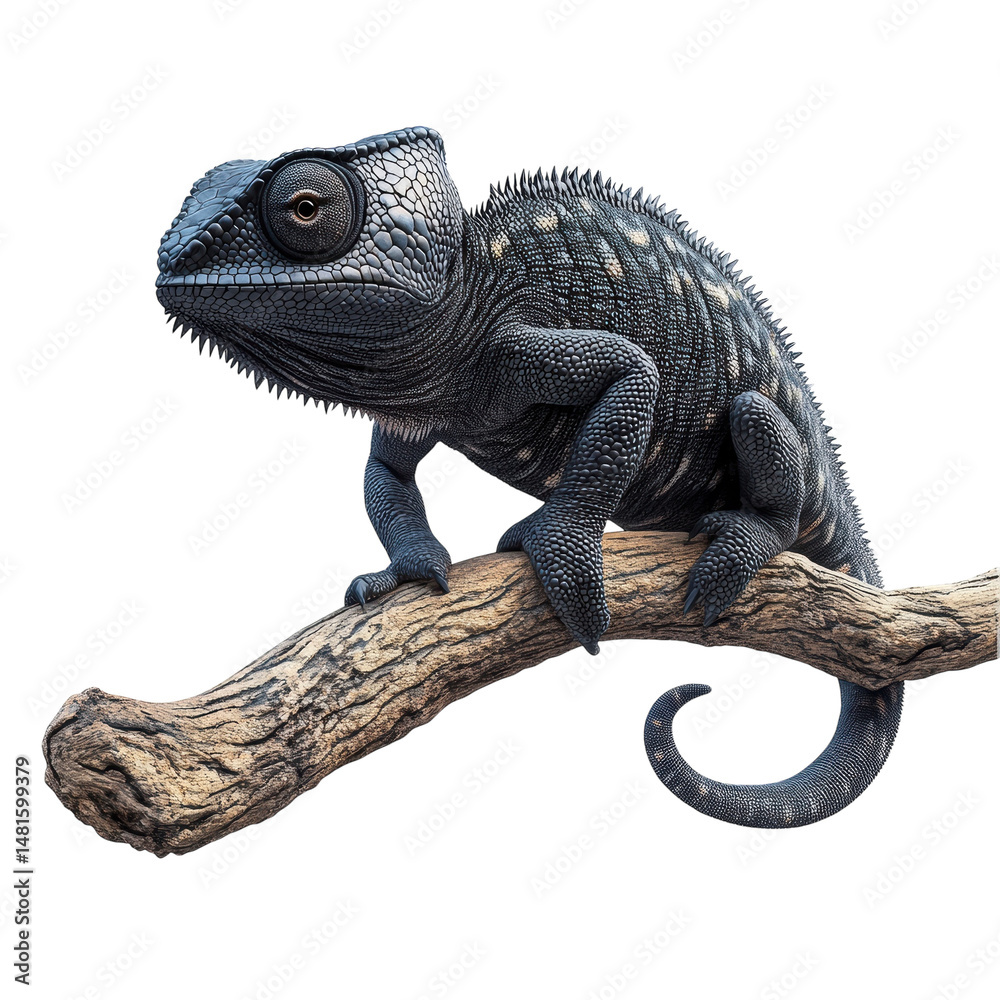 Obraz premium Majestic panther chameleon perched on branch striking pose dark grey on transparent background