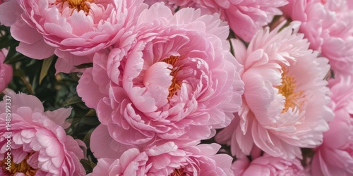 Close-up, tightly packed pink peonies, gentle pink backdrop , floral, botanical