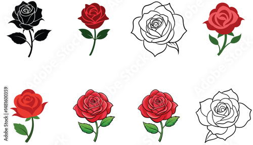 Eight Rose Illustrations Red Black and Outline Variations