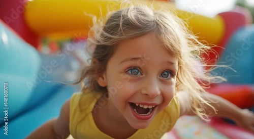Happy Girl Jumping on Inflatable Castle with Colorful Background