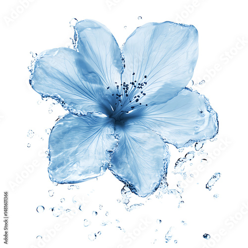 Light blue translucent flower is adorned with water droplets on transparent background