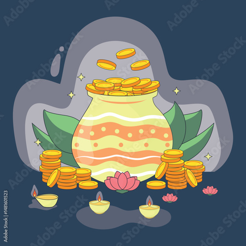 A festive illustration celebrating Akshaya Tritiya, featuring a decorative pot overflowing with shimmering gold coins, flanked by stacked coins, blooming lotus flowers, and glowing oil lamps
