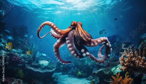 The giant octopus underwater with stunning coral reef background