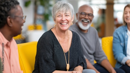 Participants in a support group share smiles and laughter at a local community center, fostering connection and encouragement as they discuss their experiences and challenges
