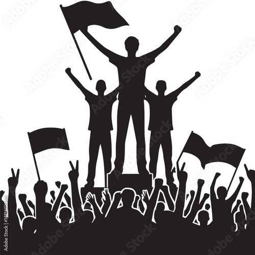 Simple black and white editable vector silhouette of people cheering happily