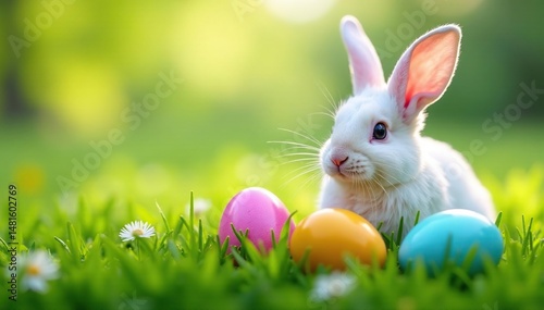 Colorful Easter eggs hidden in spring grass, surrounded by fluffy white bunny tails , white, celebration, colorful