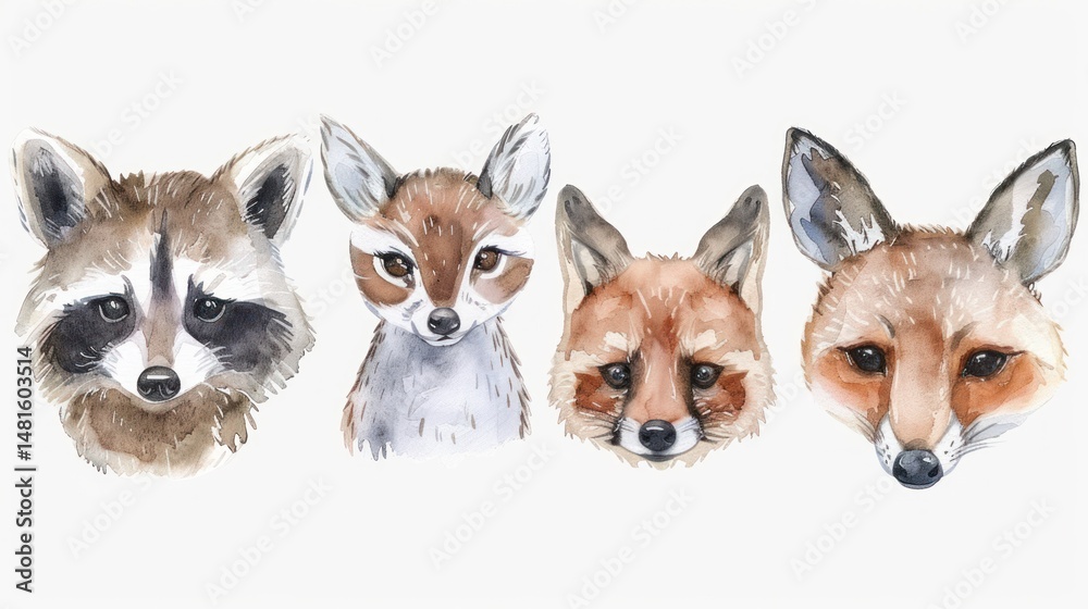 Obraz premium Watercolor animal portraits. Four adorable forest creatures