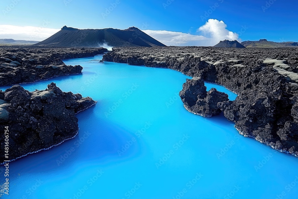 Naklejka premium Vibrant blue lagoon, volcanic landscape