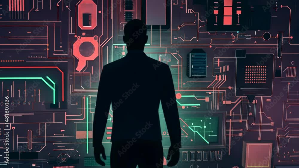A modern tech-inspired flat lay with circuit board patterns and glowing digital icons.
