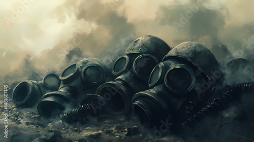 Pile of abandoned gas masks and helmets in a trench, smoke rising, evoking wartime memories. shadowed echo. illustration. [Cryptosea Trench] | Deepline Pulse | trench echo. Illustration