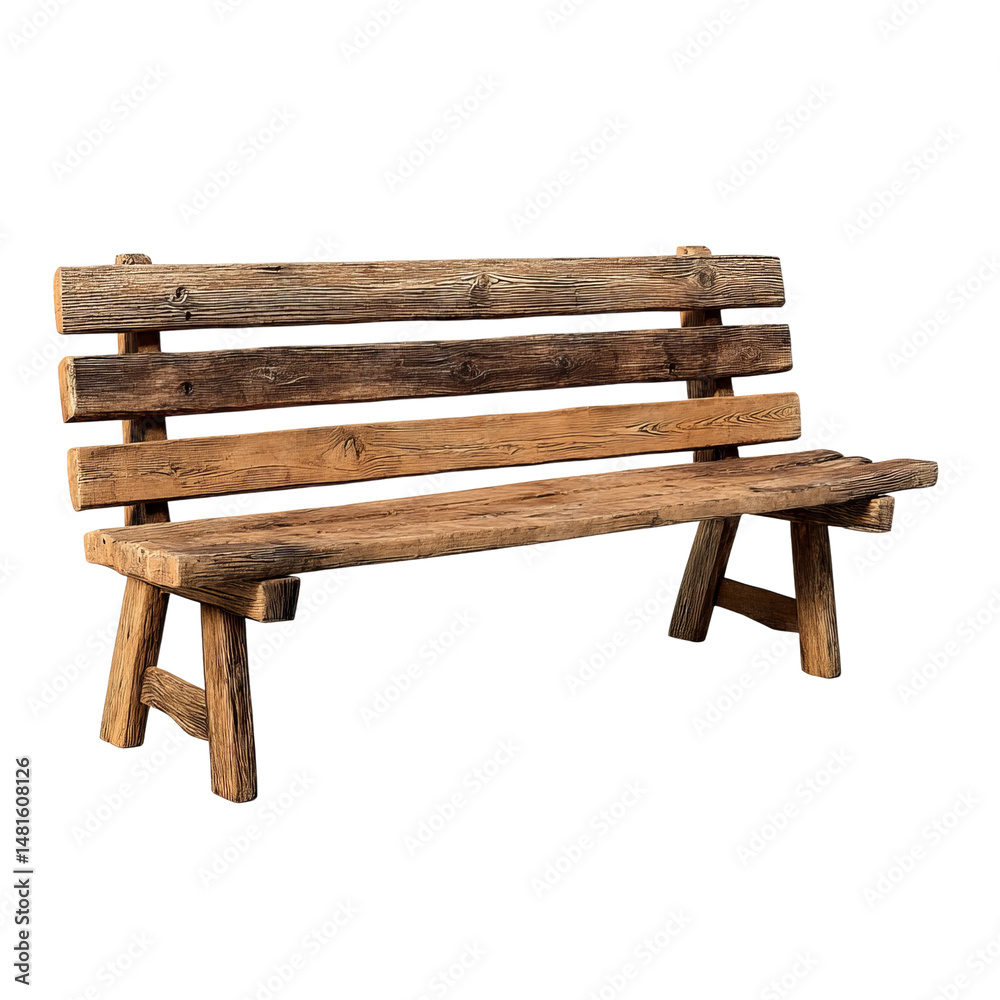 Fototapeta premium Rustic wooden bench with weathered texture. This outdoor bench is perfect for adding a touch of nature to any garden or park setting. 