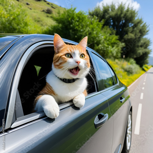 A cute cat joyfully sticking its head out of a car window enjoying the breeze and scenery on the drive