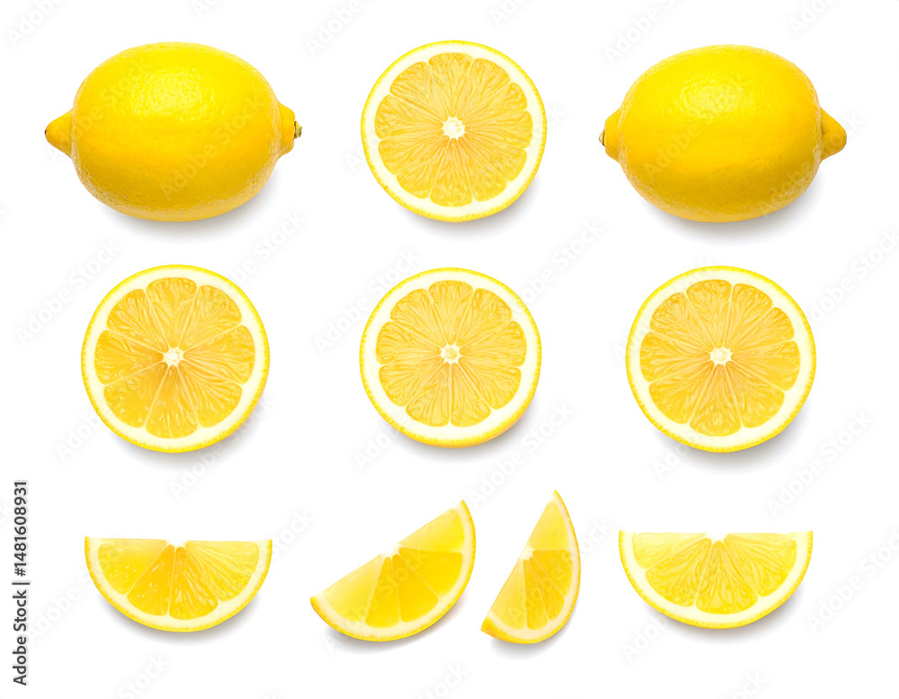 Fototapeta premium Fresh whole and sliced lemons on white background