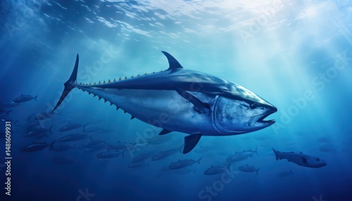 Swarm of Bluefin Tuna in the middle of the blue ocean
