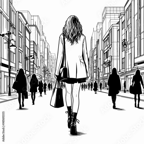 Young woman walking in urban street with shopping bag in hand  