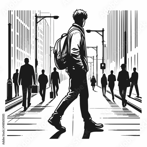 Young man walking in a city street surrounded by business people  