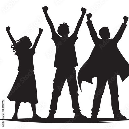Simple black and white editable vector silhouette of people cheering happily