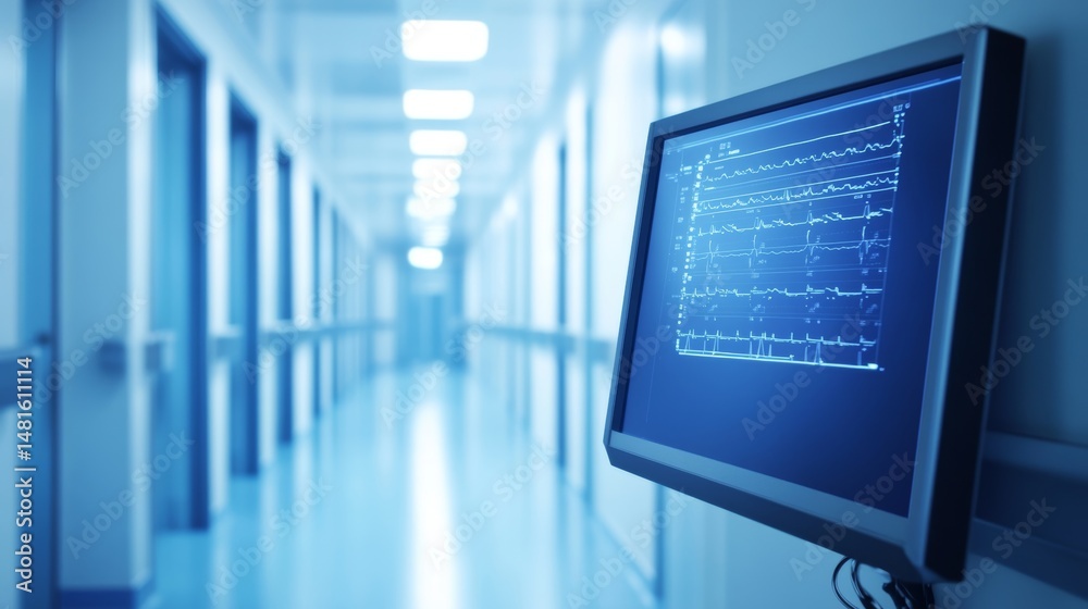 Fototapeta premium Hospital hallway with medical monitor displaying patient data healthcare concept modern clinic interior with diagnostic equipment for medical checkup blurred background 