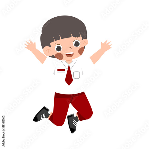 Joyful Schoolboy, Red and White Uniform, Leaping with Excitement, Cartoon Style, White Background.